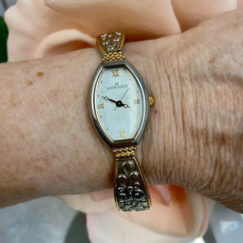 Anne Klein Two-Tone Tonneau Case Bracelet Watch Textured Dial Roman Numerals